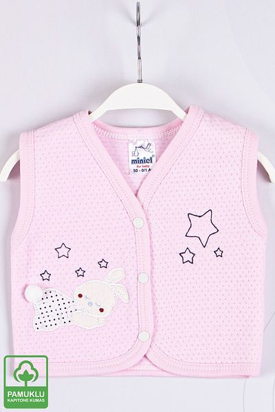 Miniel Baby Girl Sleeping Rabbit Embroidered Organic Cotton 1-3-6-9 Months Quilted Baby Vest - Pink