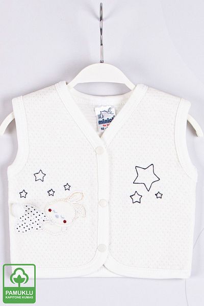 Miniel Unisex Baby Sleeping Rabbit Embroidered Organic Cotton 1-3-6-9 Months Quilted Baby Vest - Ecru