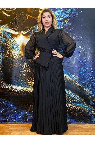 Yeşilmoda فستان سهرة فستان ماكسي تنورة مطوية كم بالون مبطن بقماش شيفون سحاب م...