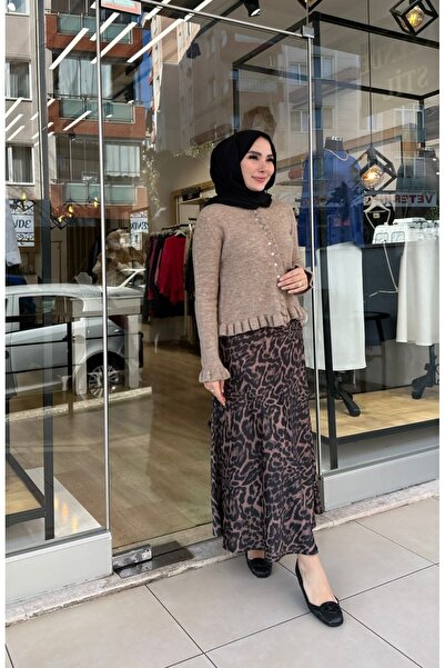 RECEP AYDIN Μακριά φούστα από σατέν ύφασμα με σχέδιο λεοπάρ - Καφέ (Κατάλληλη...