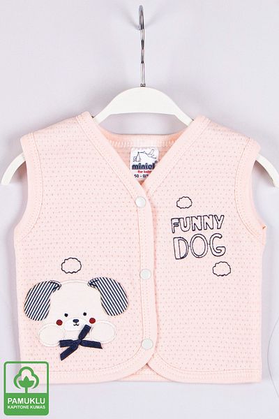 Miniel Baby Girl with Mobile Ears and Dog Embroidery Organic Cotton 1-3-6-9 Months Quilted Baby Vest - Salmon