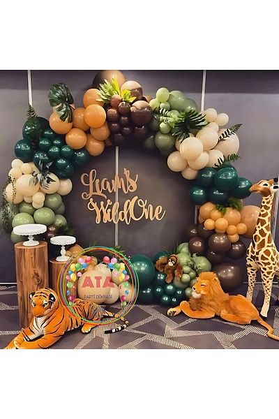 Ata Parti Dünyası Birthday Concept - Milky Green and Chocolate Brown 60 Pieces Balloon Chain Party Set