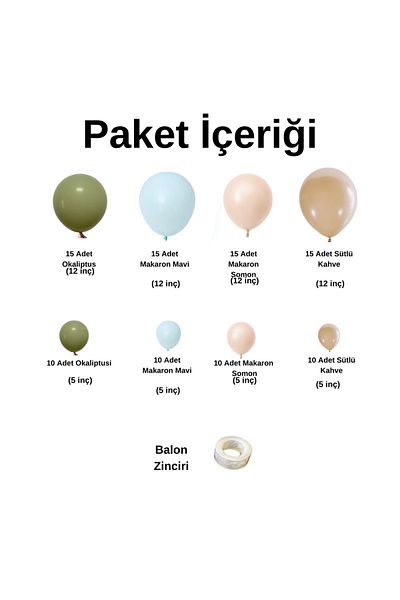 Ata Parti Dünyası Birthday Concept - Set of 100 Milk Coffee Macarons Blue and Eucalyptus Balloon Chains