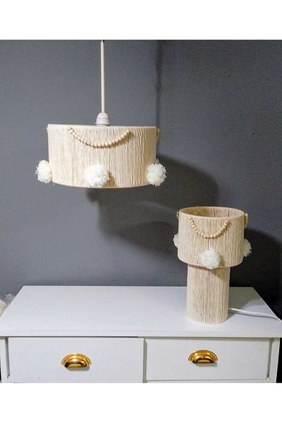 poplinhome Makrome Rope Chandelier Lamp Shade Set Ecru Chandelier Bead Pompon Makrome Lamp Shade