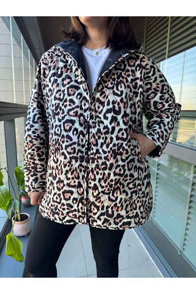Elif Özbey Butik Palton supradimensionat matlasat cu glugă leopard crem