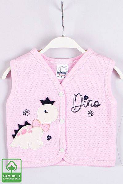 Miniel Baby Girl Dino Embroidered Organic Cotton 1-3-6-9 Months Quilted Baby Vest - Pink