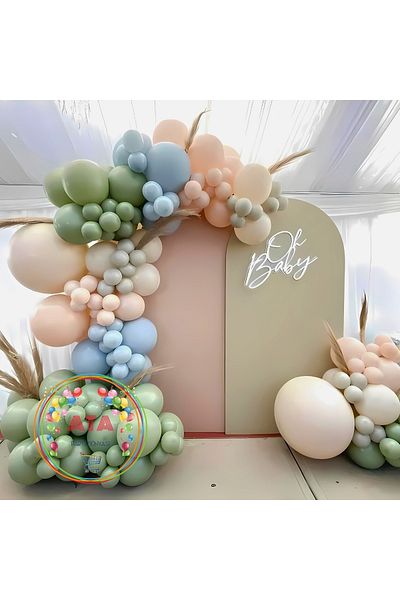 Ata Parti Dünyası Birthday Concept - Set of 100 Milk Coffee Macarons Blue and Eucalyptus Balloon Chains