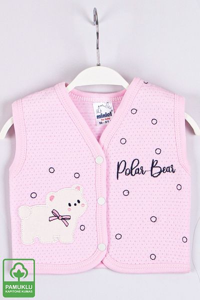Miniel Baby Girl Polar Bear Embroidered Organic Cotton 1-3-6-9 Months Quilted Baby Vest - Pink