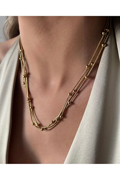 SU PERİSİ TAKI BİJUTERİ Çelik Gold 3 Sıra Dorika Kolye