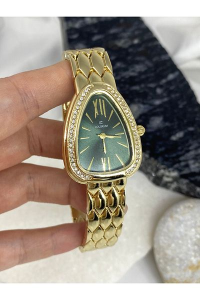 Coliseum Vintage Green Gold Women's Wristwatch with Triangle Stone Detail