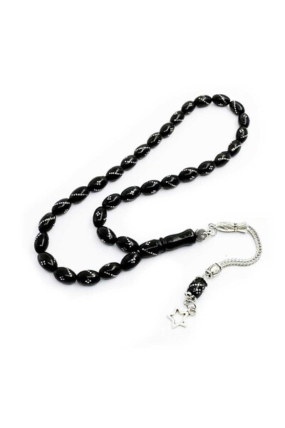 TAŞHAN Gümüş İşlemeli Arpa Kesim Erzurum Oltu Taşı Tesbih