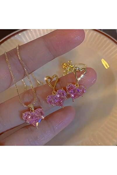 mor kedi Pembe Kalp Gold Kolye Küpe Seti Anneler Günü Hediye Seti