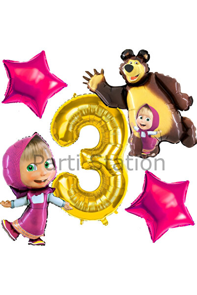 Parti Station Lisanslı Maşa ve Koca Ayı Balon 3 Yaş Altın Renk Rakam Balon Se...