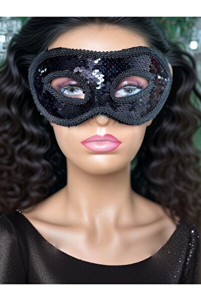 QUEEN AKSESUAR Black Luxury Imported Party Prom Costume - Sequin Eye Mask with Stone Detail