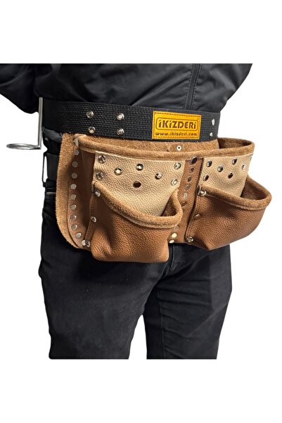 İKİZ DERİ ÜRÜNLERİ DÖRT BÖLMELİ HAKİKİ DERİ ÇİVİ ÖNLÜĞÜ KAHVE-BEJ