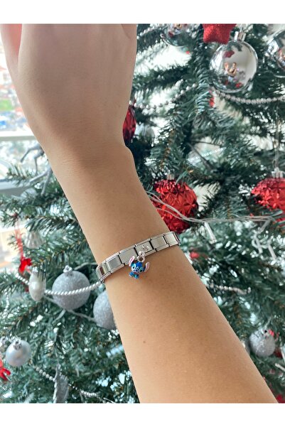 kubotique Çelik Italyan Charm Bileklik Ve Tekli Stitch Gümüş Ayarlanabilir Italyan Charm Çelik Bileklik 19cm