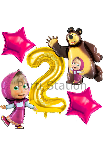 Parti Station Lisanslı Maşa ve Koca Ayı Balon 2 Yaş Altın Renk Rakam Balon Se...