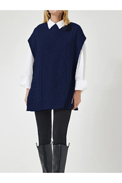 YUGA KNİTTİNG YANDAN BAĞLAMALI TRİKO ÖRGÜ DETAYLI UZUN 75CM KADIN SÜVETERİ