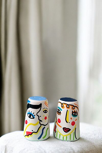 ARİENEL Ceramic Salt & Pepper Shakers |   Faces and Envelopes |   Set of 2 |   Handmade |   Multicolored |   Cubic |   Artistic