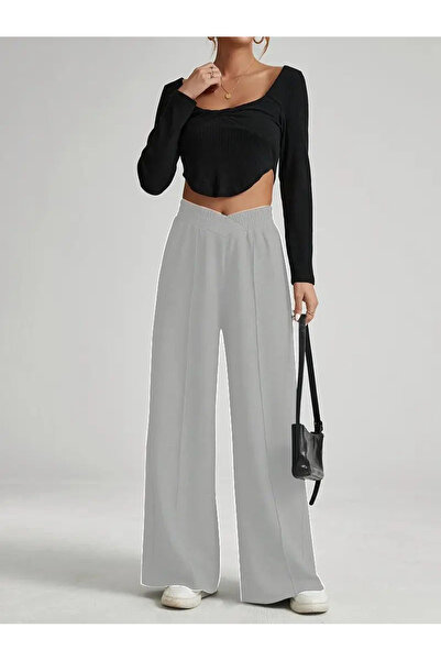 Moda Monisa Düz Renkli Çapraz Kemer Detaylı Yüksek Bel Geniş Paçalı Eşofman Altı - Rahat ve Şık İki İplik Kumaş