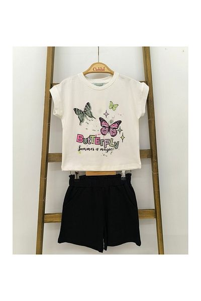 CİCHLİD Girl's Butterfly Patterned Shorts Suit