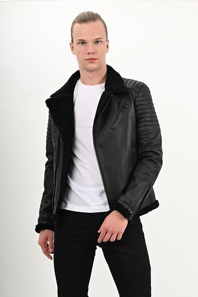 ALİN James Dean Men's Black Fur Collar Biker Genuine Leather Coat Size Measurements Visual