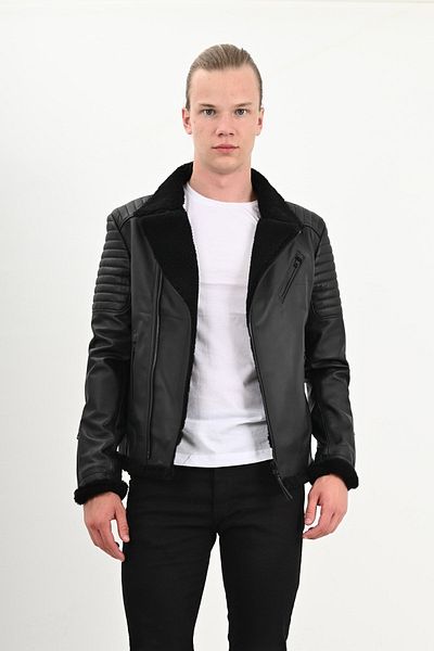 ALİN James Dean Men's Black Fur Collar Biker Genuine Leather Coat Size Measurements Visual