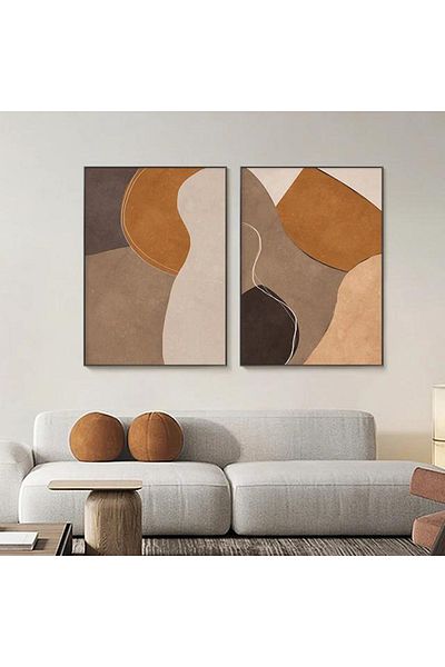 Linacci Coffee Abstract Glass Painting Set with Double Black Metal Frame