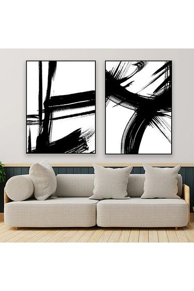 Linacci Cream Abstract Glass Painting Set with Double Black Metal Frame