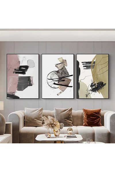 Linacci Triple Black Metal Frame Abstract Pattern Fashion Glass Painting Set