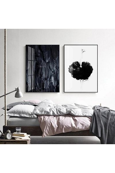 Linacci Double Black Metal Framed Feather Ostrich Glass Painting Set