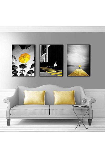 Linacci Triple Black Metal Frame Yellow Umbrella Glass Table Set
