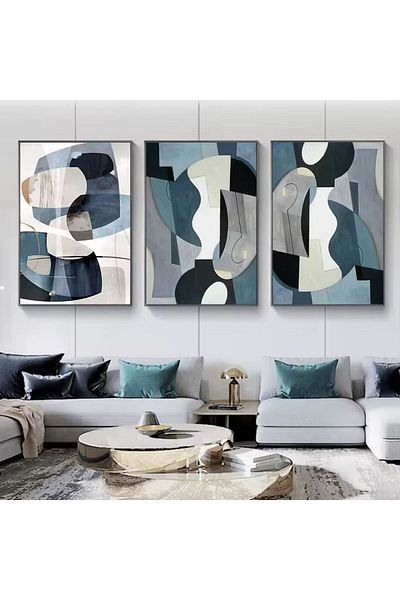 Linacci Triple Black Metal Frame Soft Blue Geometric Glass Table Set