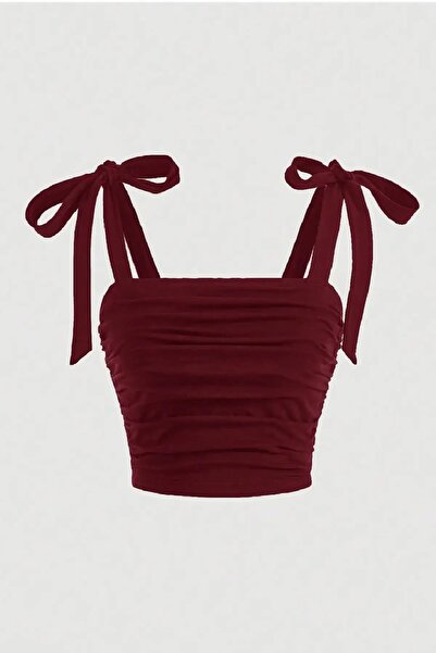 MEREN LİKE YOUR SYLE Crop de vară cu fundă roșie Claret cu bretele largi