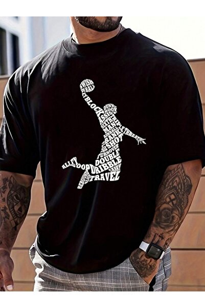 Derays تي شيرت رجالي برقبة دائرية كبيرة الحجم مطبوع عليه سلة