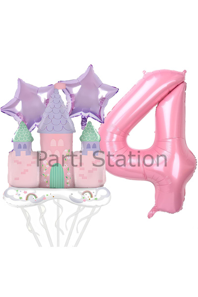 Parti Station Prenses Konsept 4 Yaş Pembe Renk Rakam Balon Set Prenses Evi Şa...