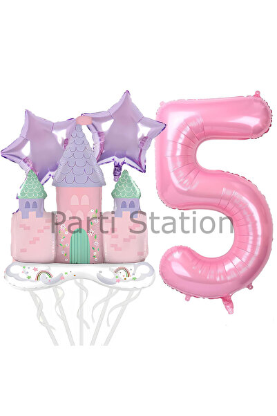 Parti Station Prenses Konsept 5 Yaş Pembe Renk Rakam Balon Set Prenses Evi Şa...