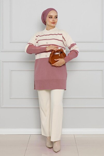 Sevitli Σετ πλεκτών ενδυμάτων με ριγέ λεπτομέρεια με κουμπιά-αποξηραμένο τριαντάφυλλο