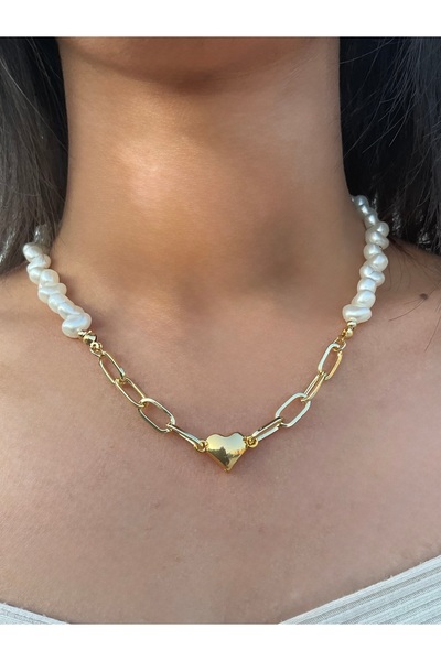 REYNA İncili Kalp Model Zincir Detay Kolye