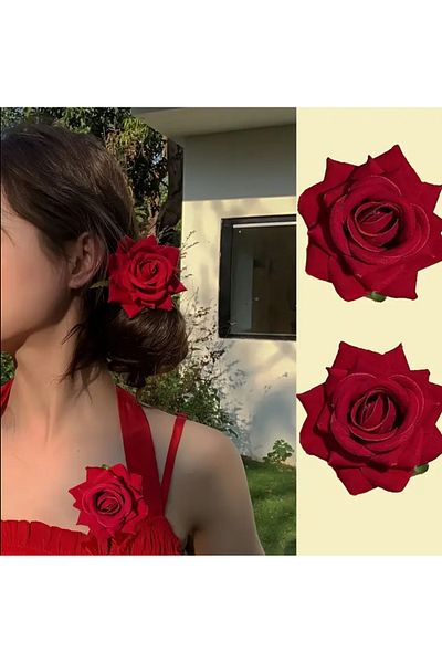 SavBrand 2 bucăți vintage catifea roșie 3D flori de trandafir broșă și ac de păr