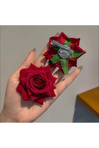 SavBrand 2 bucăți vintage catifea roșie 3D flori de trandafir broșă și ac de păr