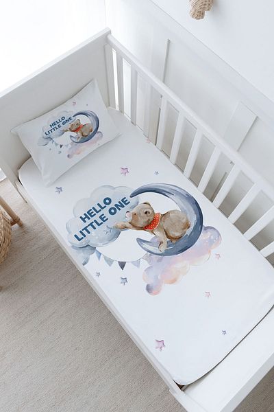 Tuğba Kuğu Baby Size Fitted Sheet Set - Pure Baby Series - Moon Lounging Bear