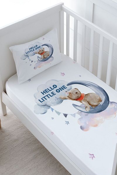 Tuğba Kuğu Baby Size Fitted Sheet Set - Pure Baby Series - Moon Lounging Bear