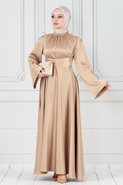 Sevitli Rochie de seara din satin bej - Rochie cu bretele incrucisate