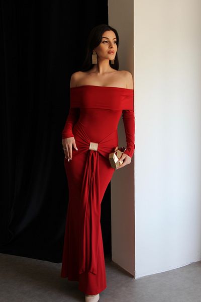 Julidress Red Gold Detail Madonna Neck Maxi Long Length Stretchy Draped Wedding Engagement Invitation Evening Dress