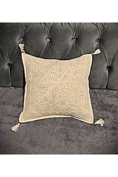 TUNCAY TEKSTİL Beaded Lace Floral 2-Piece Throw Pillow Cover 100% Cotton 40 X 40 cm