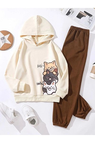 npLStore Σετ παιδικής φόρμας Hi Cats Printed Ecru Hooded Special Design