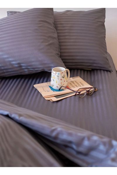 Deneme Zamanı Dark Gray Anthracite Striped Duvet Cover Set with 2 Pillowcases and Sheet Without Elastic