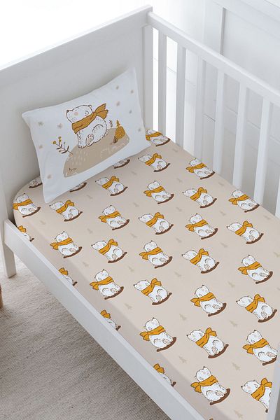 Tuğba Kuğu Baby Series Brown Scarf Bear Patterned Elastic Sheet Set