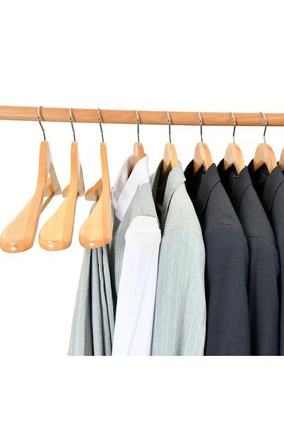 Askıcı Wooden Sling Thick Shouldered Suit Coat Sling Natural Color 5 Pcs Non-Slip Pants Sticks